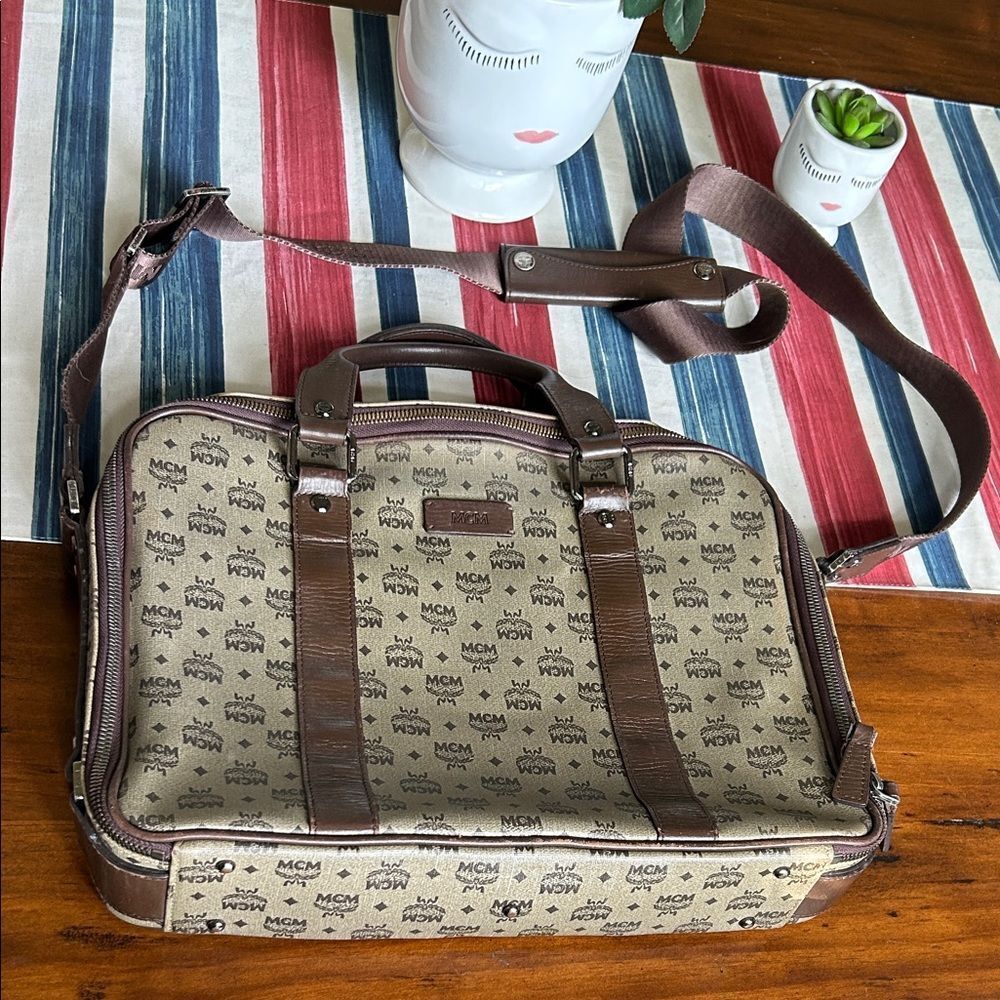 MCM Monogram Brown and Cream Briefcase impeccable